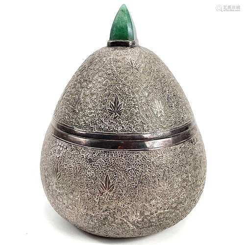 A Kashmir silver gourd shaped cannister and cover with hards...