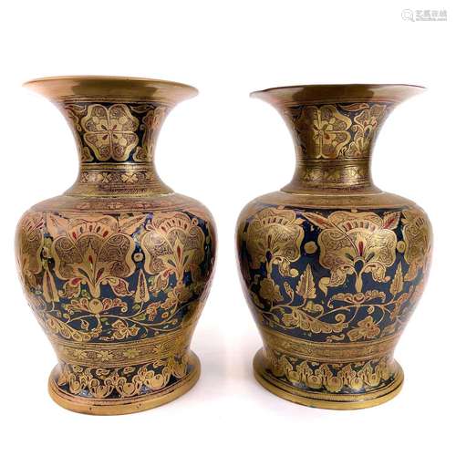 A pair of Indian brass and enamel vases.