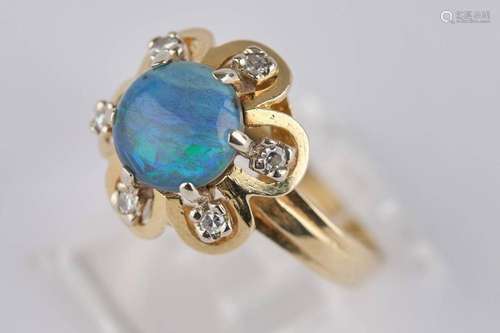 Ring, GG 585, Opal-Cabochon, sechs Brillante