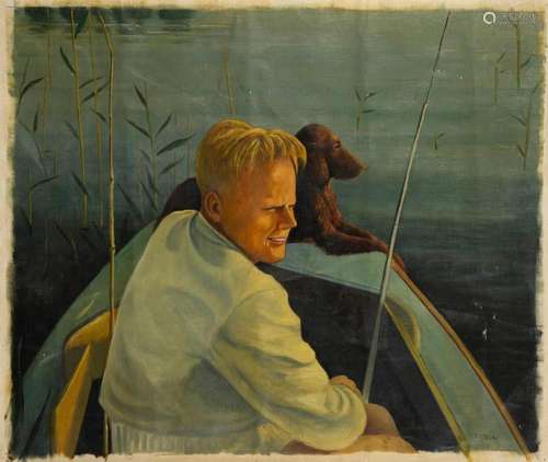 MONOGRAMMIST "J.HTZ": ANGLER MIT HUND.