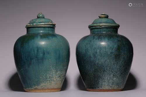 Pair of Chinese Blue Glazed Porcelain Lid Jar