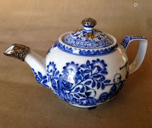 Chinese Blue and White Porcelain Teapot w Metal Mo