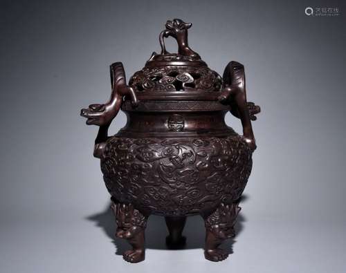 Chinese Zitan Wood Carved Tripod Censer