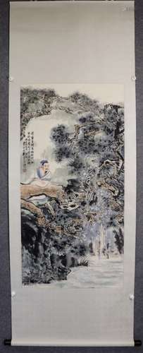 Chinese Ink Color Scroll Painting w Calligraphy