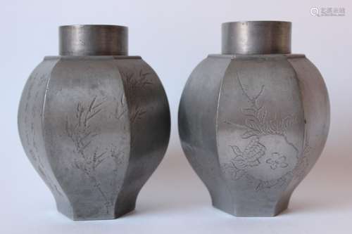 Pair of Chinese Engraved Pewter Tea Caddy