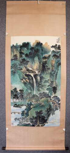 Chinese Ink Color Scroll Painting w Calligraphy