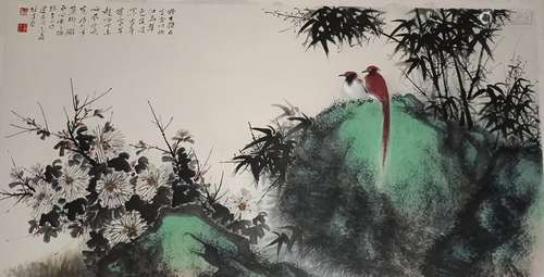 Chinese Ink Color Painting w Calligraphy, Birds