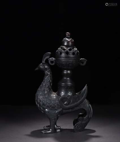 Chinese Zitan Wood Carved Censer w Phoenix