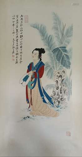 Chinese Ink Color Scroll Painting w Calligraphy