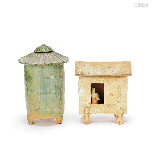 A GREEN GLAZED GRANARY JAR AND COVER AND A GREEN GLAZED POTT...