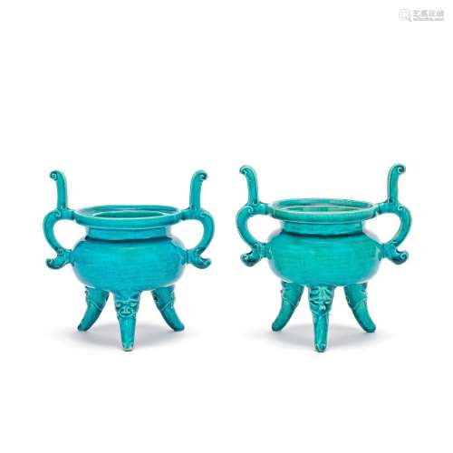 A PAIR OF TURQUOISE-GLAZED TRIPOD INCENSE BURNERS, DING Kang...