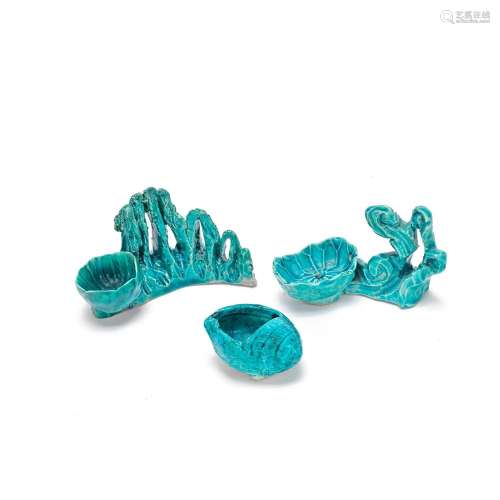 TWO TURQUOISE GLAZED 'LOTUS' BRUSH WASHERS AND A SHE...