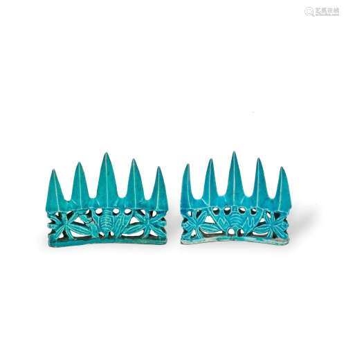 A RELATED PAIR OF TURQUOISE GLAZED MOUNTAIN BRUSH RESTS Kang...