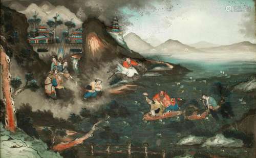 A REVERSE GLASS PAINTING OF DAOIST IMMORTALS 19th century