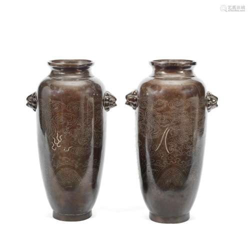 A PAIR OF SILVER WIRE-INLAID BRONZE 'DRAGON' VASES 1...