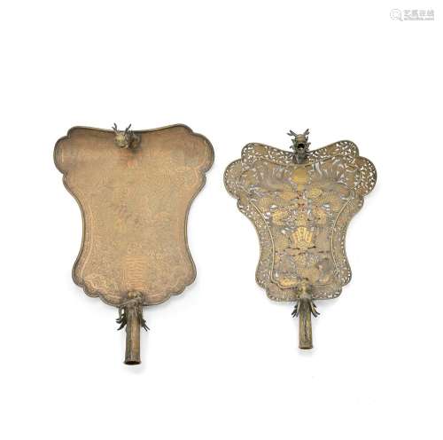 TWO BRASS FAN-SHAPED TEMPLE STANDARDS Dated 23rd year of Gua...