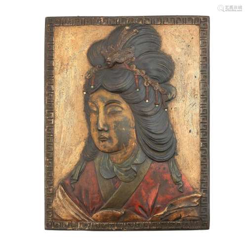 AN UNUSUAL LARGE LACQUERED BRONZE 'GUANYIN' PLAQUE Q...