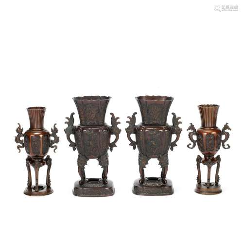 TWO PAIRS OF JAPANESE BRONZE VASES Meiji Period (4)