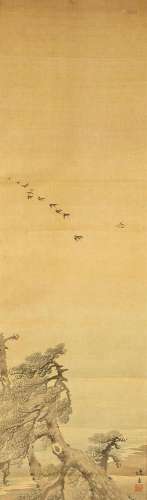 ATTRIBUTED TO ITSUDO Flying birds in a coastal landscape