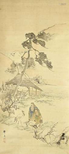 OKAMOTO TOYOHIKO (1773–1845) Cranes and figures in river lan...