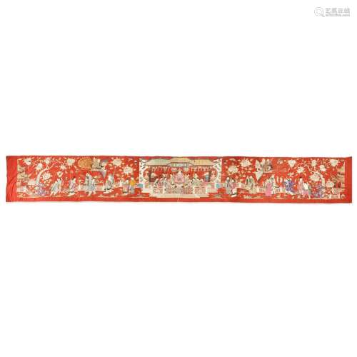 A LONG HORIZONTAL RED SILK EMBROIDERED PANEL Circa 1900