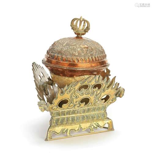 A BRONZE AND COPPER-MOUNTED KAPALA AND COVER ON STAND Tibet,...