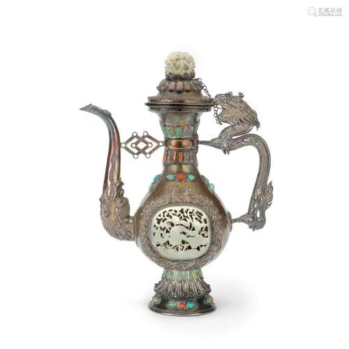 A MONGOLIAN-STYLE JADE AND HARDSTONE-INLAID WHITE METAL EWER...