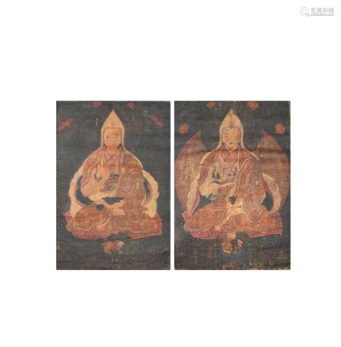 TWO BLACK-GROUND THANGKAS OF LAMAS Tibet, 18th century (2)