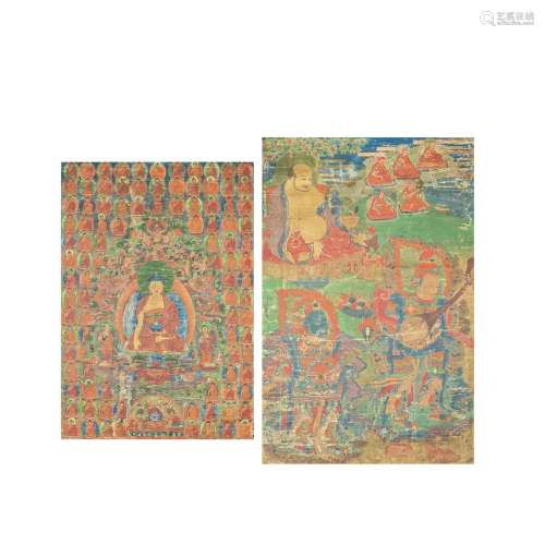 TWO GREEN AND BLUE GROUND THANGKAS Tibet, 18th/19th century ...