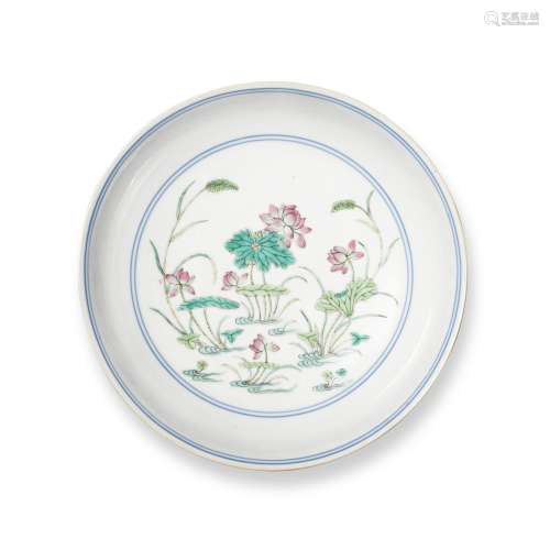 A famille-rose 'lotus pond' dish, Seal mark and peri...