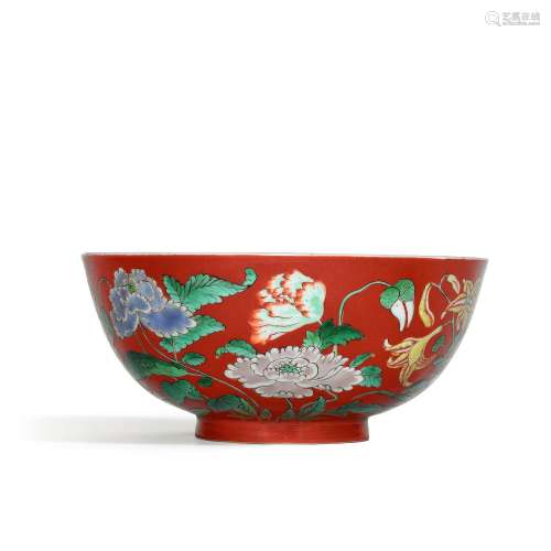 A rare coral-ground famille-verte 'floral' bowl,  Yu...