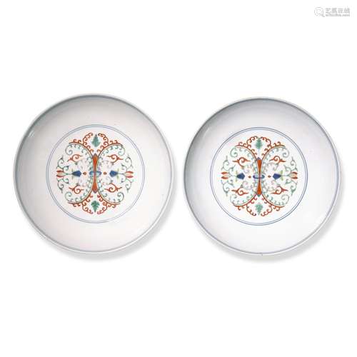 A pair of wucai 'floral' dishes,  Seal marks and per...