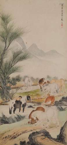 Ma Jin (1900-1970),  Bathing horses, ink and colour on paper...