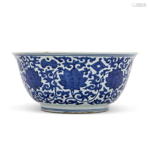 A large blue and white 'lotus' bowl, Mark and period...