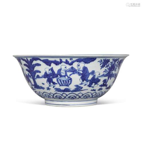 A rare large blue and white 'boys' bowl, Mark and pe...