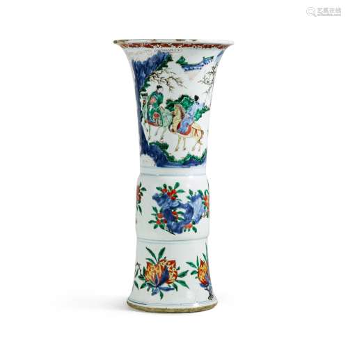 A wucai beaker vase, Gu, Qing dynasty, Shunzhi/Kangxi period...