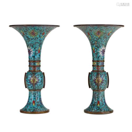 A pair of cloisonné enamel beaker vases, gu, Early Qing dyna...