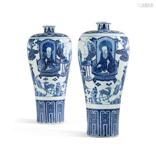 A pair of large blue and white 'Immortals' meiping, ...