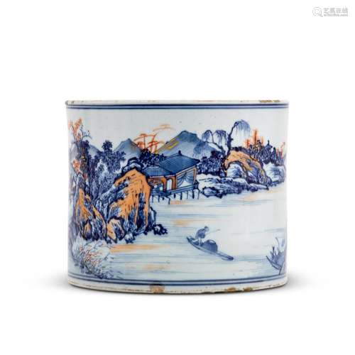 An underglaze-blue, iron-red and gilt-decorated brush pot,  ...