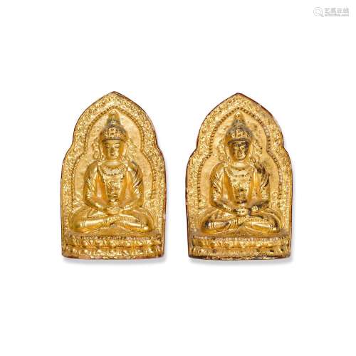 Two gilt-lacquered terracotta votive plaques, Tsa Tsa, Marks...