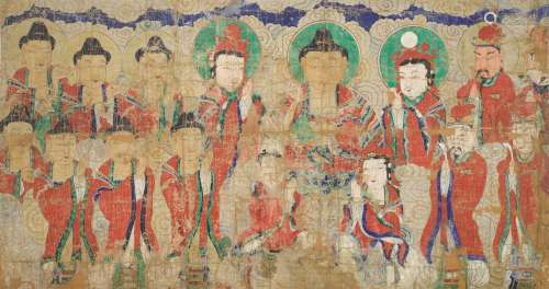 A polychrome stucco fresco 'Buddhist' mural painting...