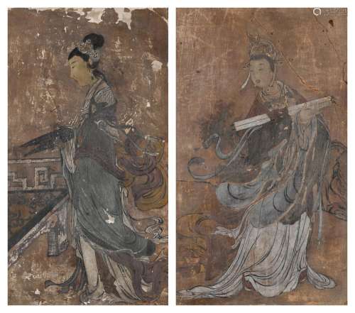 Two polychrome stucco fresco fragments,  Ming dynasty | 明 灰...