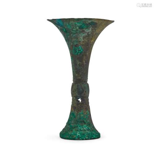 An archaic bronze ritual wine vessel, Gu, Late Shang dynasty...