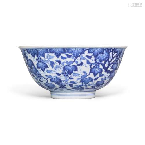 A blue and white 'squirrel and grape' bowl, Seal mar...