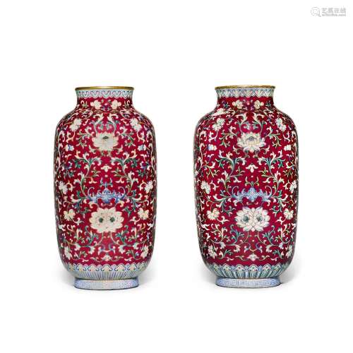 A matched pair ruby-ground famille-rose lantern vase, Qing d...