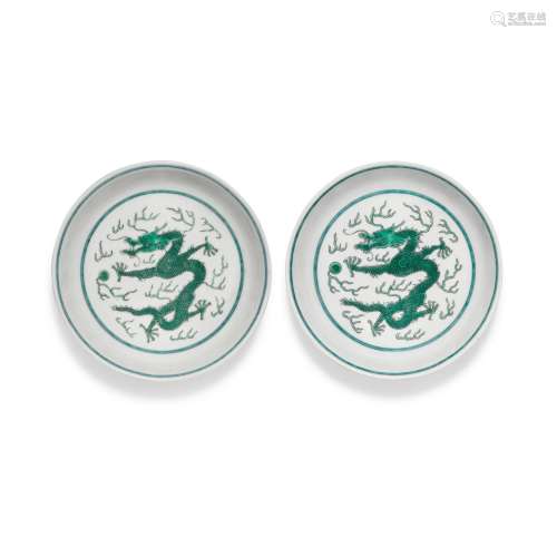 Two green-enamelled 'dragon' dishes, Seal marks and ...