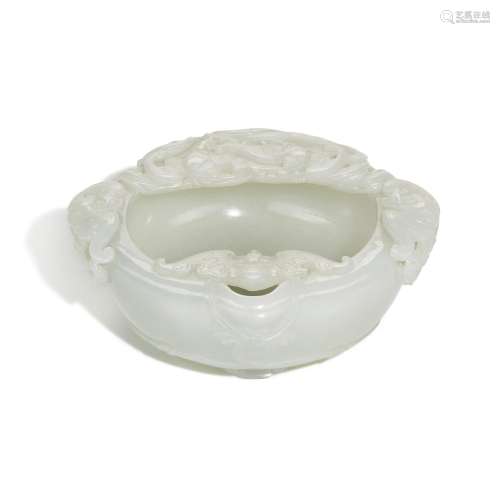 A white jade 'bats and lingzhi' brushwasher, Qing dy...