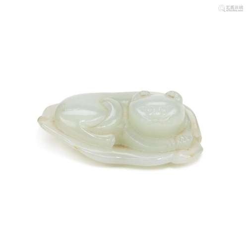 A small pale celadon jade figure of a cat, Qing dynasty, ear...