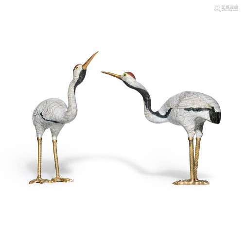 A rare pair of large cloisonné enamel cranes, Qing dynasty, ...