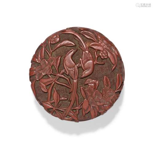 A carved cinnabar lacquer 'birds' box and cover, Min...